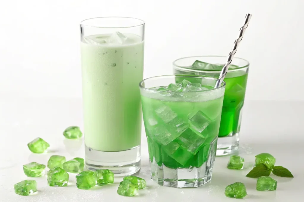 A selection of vibrant green Crème de Menthe drinks served over ice, showcasing its versatility for refreshing beverages.