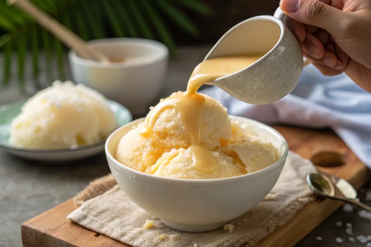 A bowl of fluffy snow-like dessert being drizzled with creamy condensed milk, a perfect addition to any cookout menu for a sweet and refreshing treat.