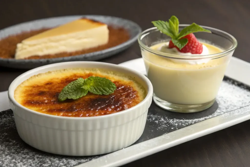 A visual comparison of creme brulee, custard, and cheesecake, highlighting the differences in texture and presentation, relevant to a crab brulee recipe discussion.