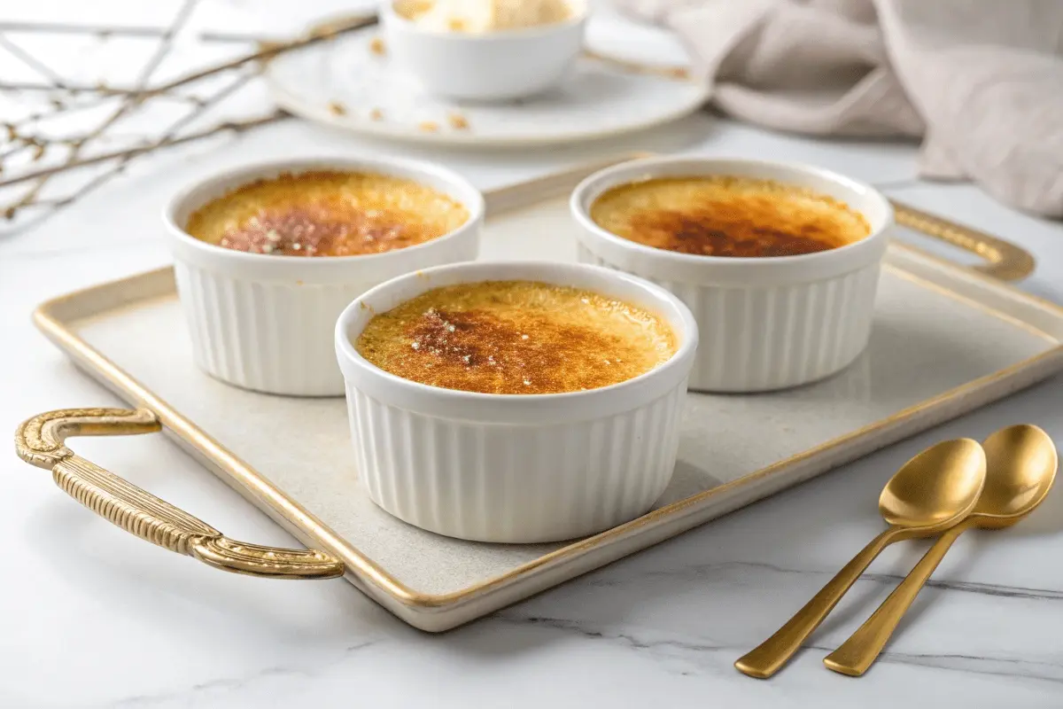 Three ramekins of creme brulee served on a luxurious gold-handled tray, highlighting the dessert’s golden caramelized tops, perfect for showcasing a crab brulee recipe.