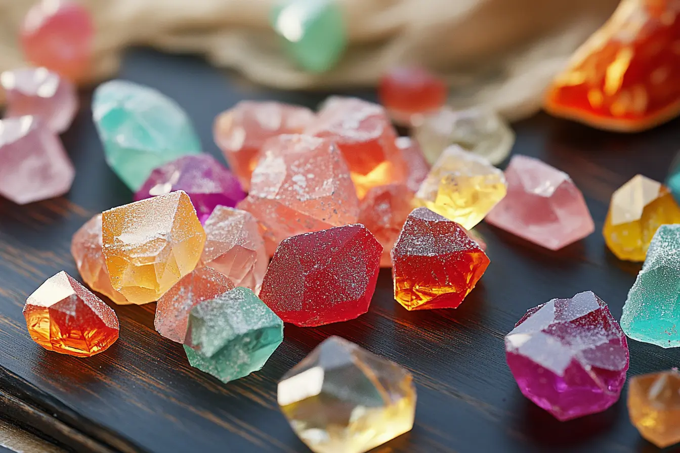 An artistic display of colorful crystal candy cubes on a black slate plate, surrounded by rose petals, sugar crystals, and honey in the background, creating a refined and luxurious atmosphere.