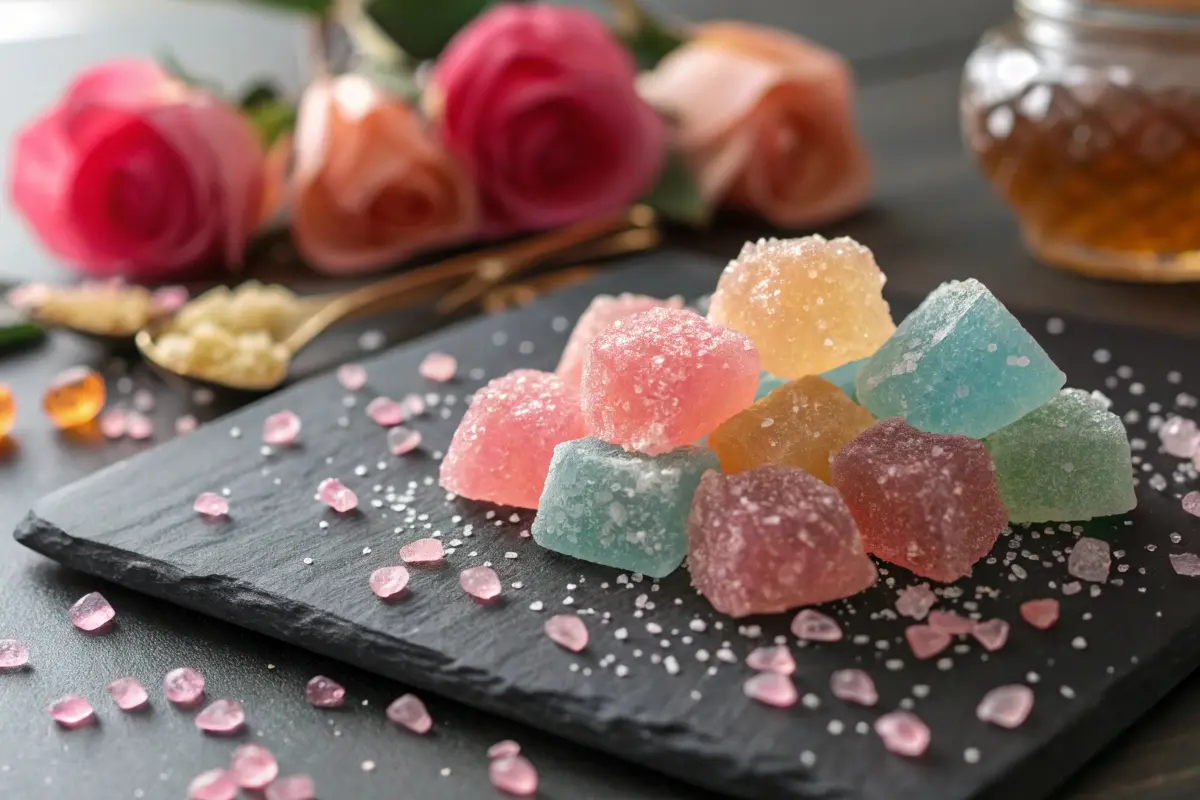 An artistic display of colorful crystal candy cubes on a black slate plate, surrounded by rose petals, sugar crystals, and honey in the background, creating a refined and luxurious atmosphere.