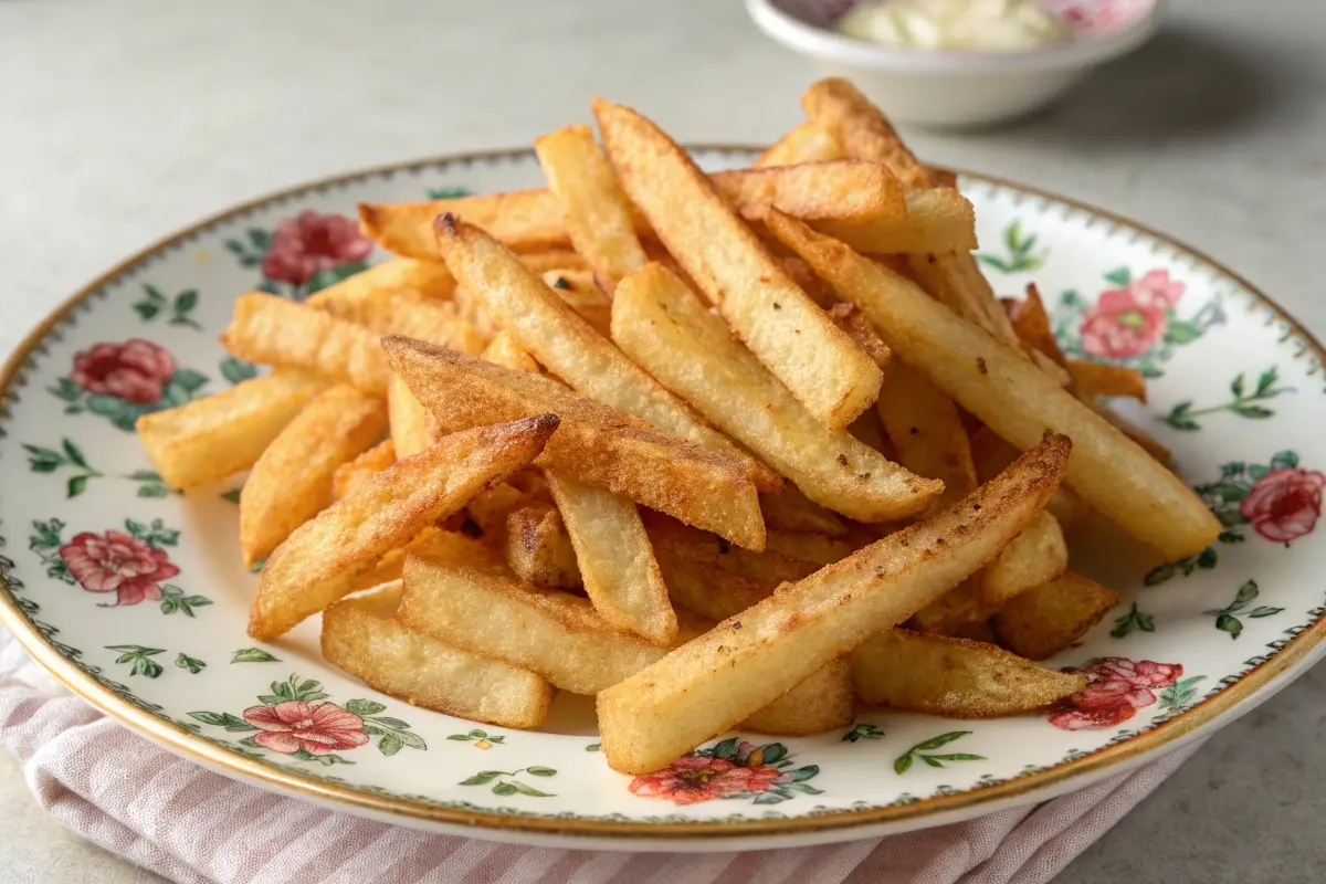 A stack of crispy papas fritas served on a decorative floral plate, showcasing a classic and elegant presentation style.