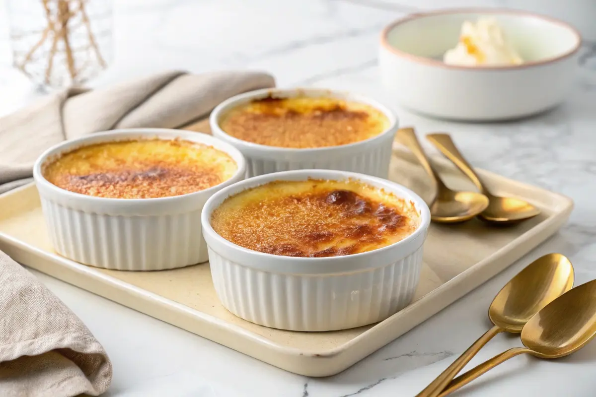 A tray of three creme brulee desserts served in white ramekins, showcasing their caramelized tops, accompanied by golden spoons on a marble countertop.