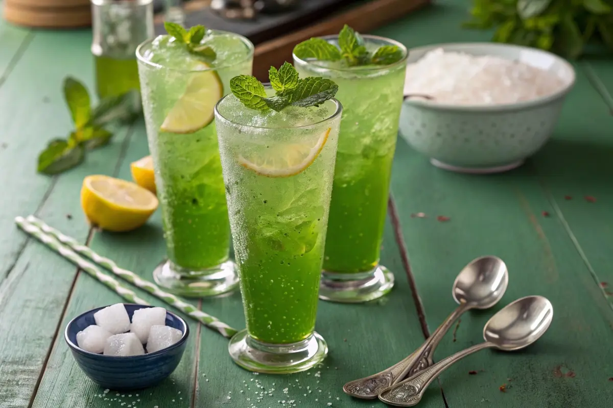 A vibrant shot glass of emerald green creme de menthe, surrounded by ice and mint on a dark slate surface.