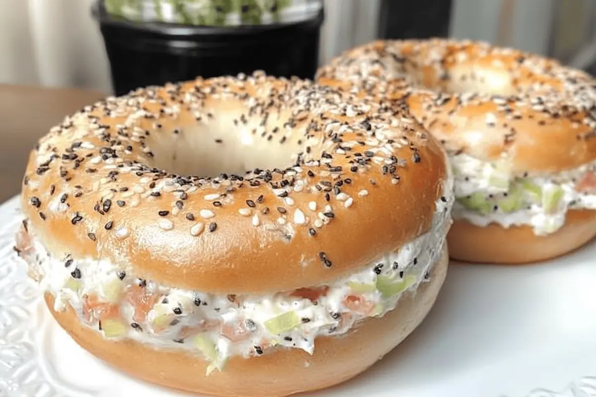 Two everything bagels filled with cream cheese, diced salmon, and green onions, showcasing a better bagel sandwich option for a flavorful experience.