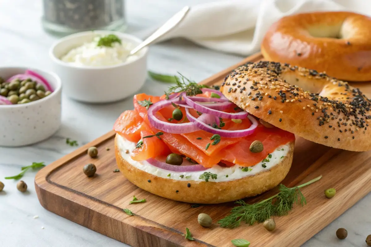 An everything bagel topped with cream cheese, smoked salmon, red onion, capers, and herbs on a wooden board, highlighting a delicious and better bagel option.