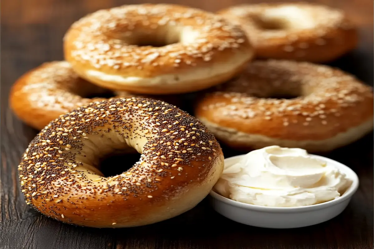 A stack of golden-brown everything bagels with sesame and poppy seed toppings, accompanied by a bowl of cream cheese, illustrating a better bagel experience.