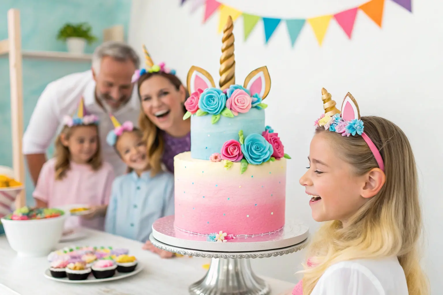 A cheerful family celebration featuring a unicorn cake with pastel colors, golden horn, and floral decorations, accompanied by smiling children and a festive backdrop.