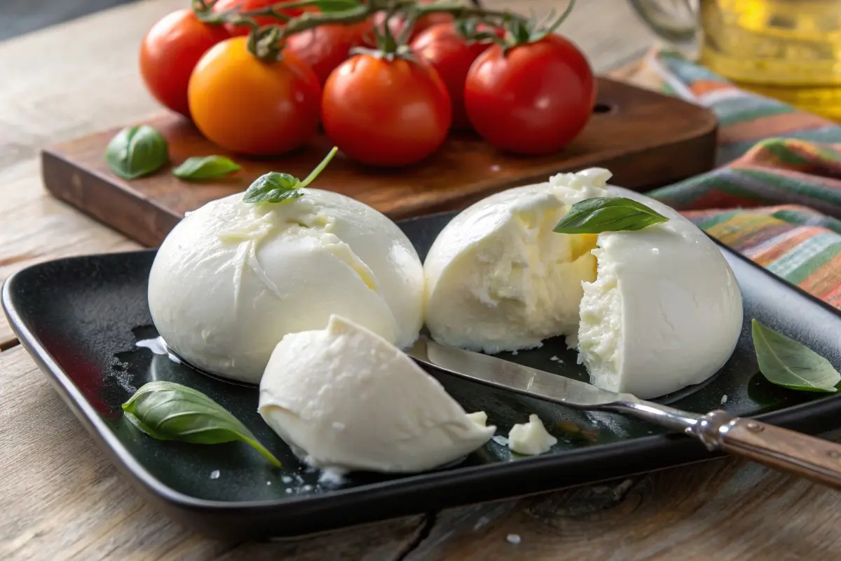 A close-up of two balls of fresh burrata cheese placed on a black plate, garnished with basil leaves, with ripe tomatoes and olive oil in the background.