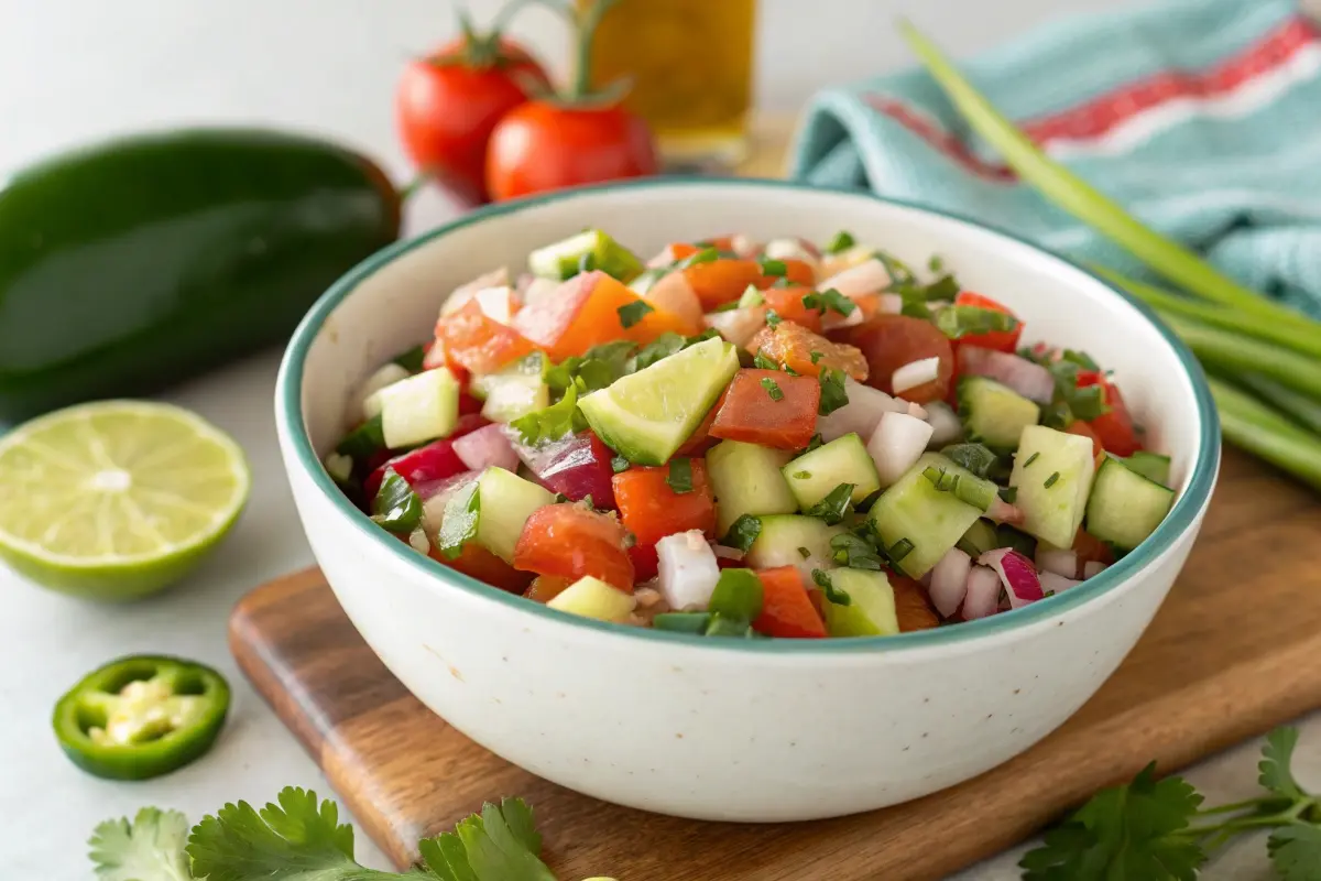 A bowl of pickle de gallo featuring vibrant chopped vegetables like cucumbers, tomatoes, onions, and herbs, surrounded by fresh lime, jalapeño, and cilantro, placed on a wooden cutting board.