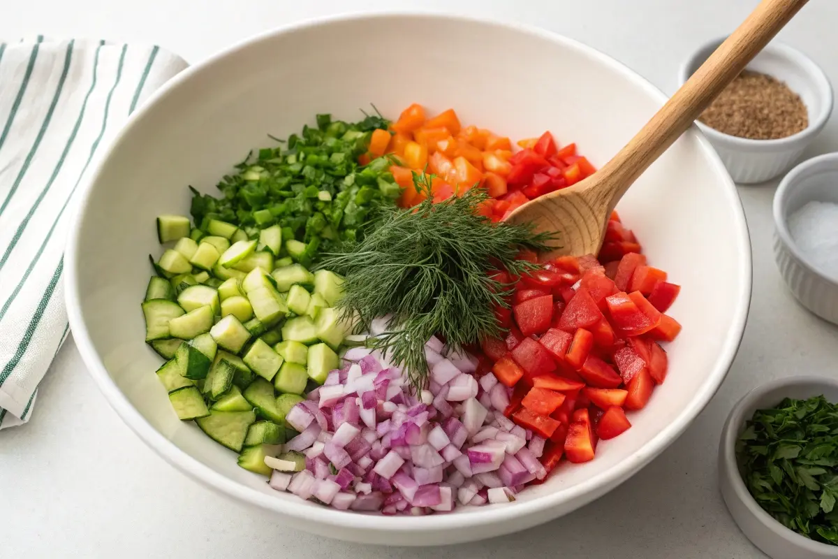 A large white bowl filled with freshly diced cucumbers, tomatoes, onions, bell peppers, and herbs, ready for a pickle de gallo recipe.