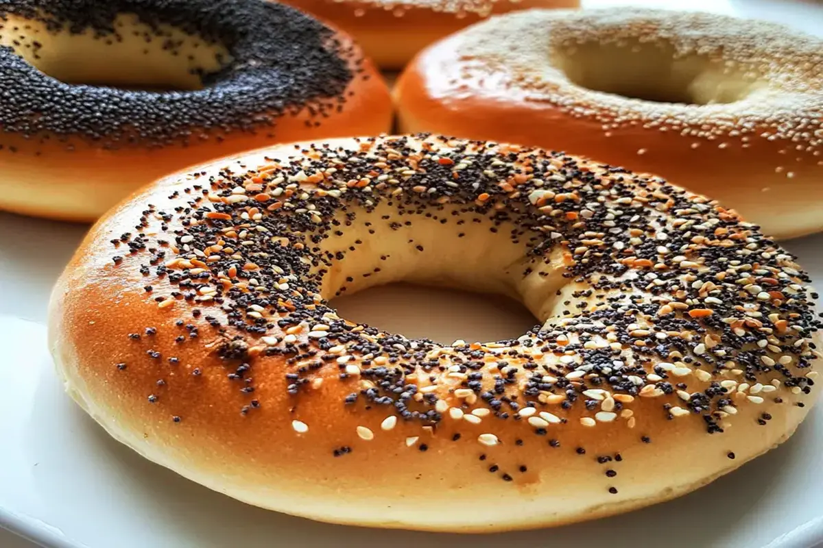 Close-up of freshly baked bagels topped with poppy seeds, sesame seeds, and seasoning, showcasing a golden crust and soft texture, perfect for illustrating tips on making a better bagel.