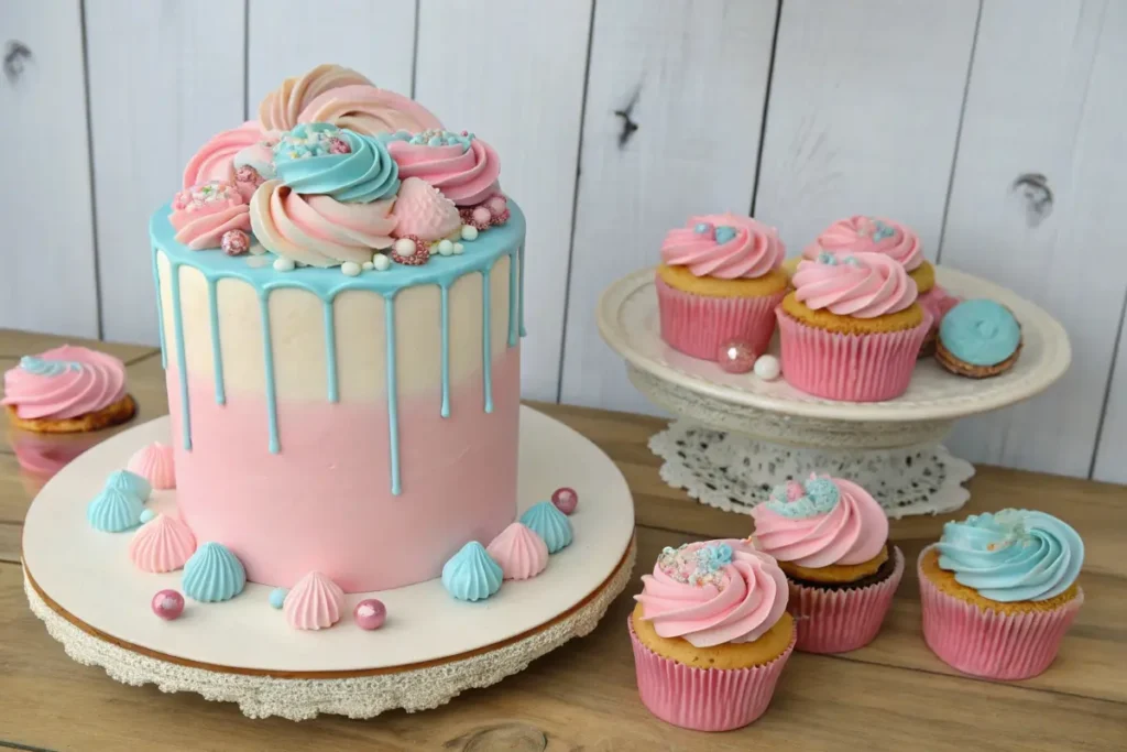 A stunning gender reveal cake with a pink and blue drip design, topped with swirls of frosting and decorations, surrounded by matching cupcakes on a rustic wooden table.