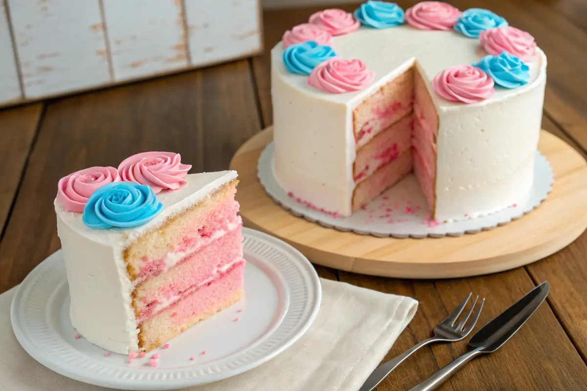 A gender reveal cake with white frosting, decorated with pink and blue rosettes, revealing a pink interior slice on a plate.