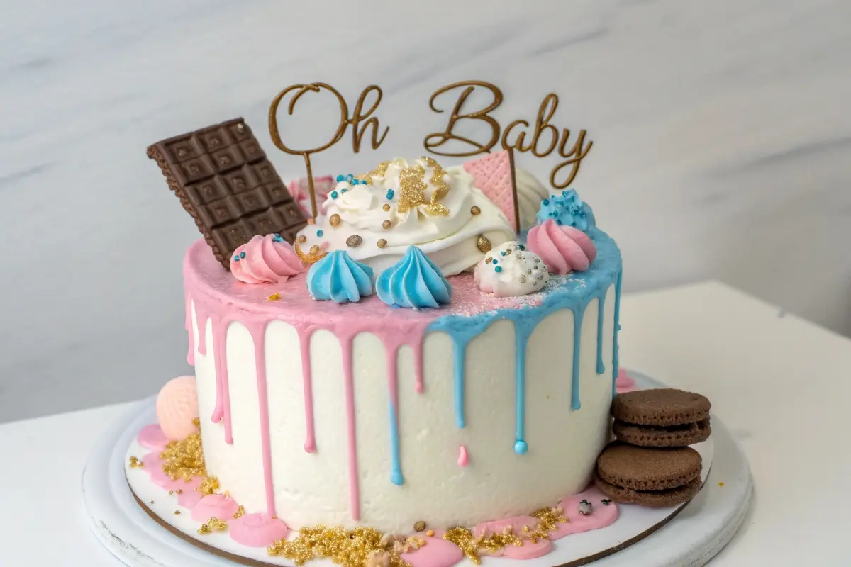 A gender reveal cake with pink and blue drip frosting, topped with whipped cream, chocolate, meringues, and decorative golden sprinkles.