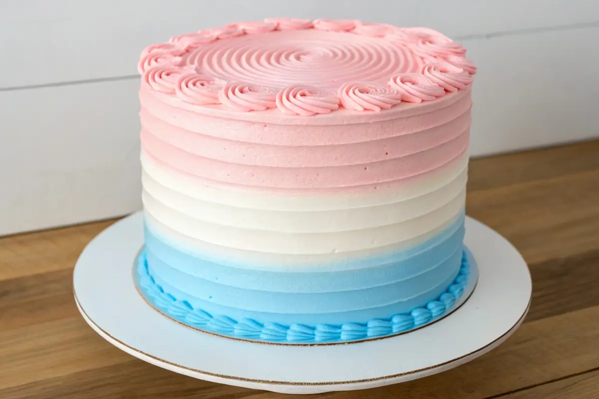 A gender reveal cake with an elegant ombre design transitioning from blue at the base to pink at the top, decorated with piped frosting swirls on the top edge, symbolizing a fun and stylish gender reveal celebration.