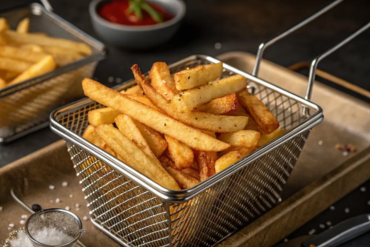 A basket of golden, crispy French fries with a bowl of ketchup in the background, illustrating the concept of papas fritas in the article.