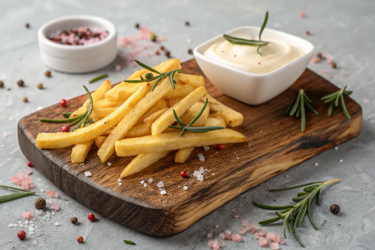 A rustic wooden serving board featuring golden, crispy papas fritas garnished with fresh rosemary, accompanied by a bowl of creamy white dip, surrounded by scattered herbs and spices.