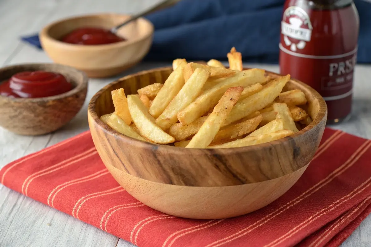 A bowl of golden, crispy papas fritas served with ketchup, set on a red napkin, showcasing a traditional way of enjoying French fries.