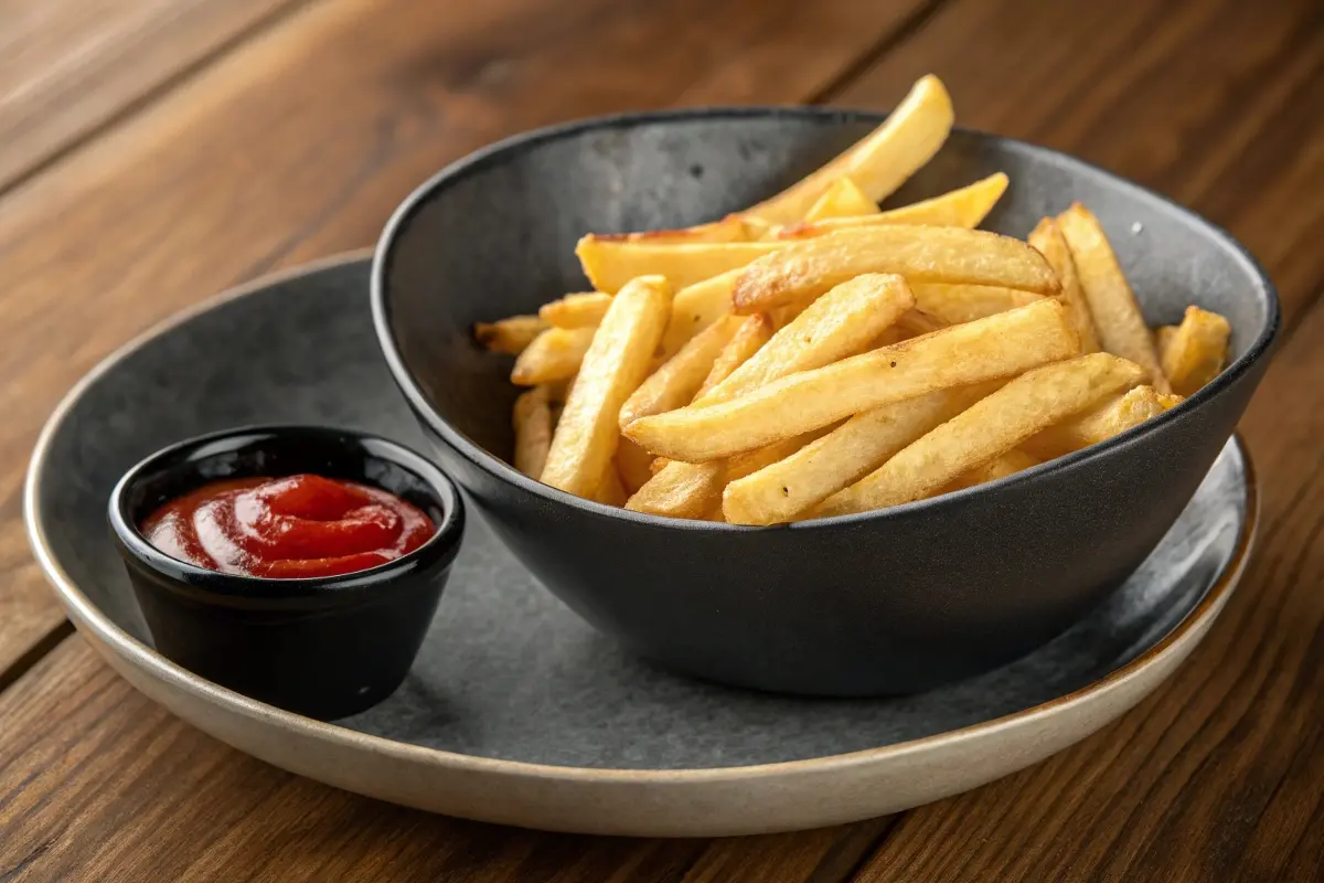 A bowl of golden, crispy papas fritas served with ketchup in a modern black dish.