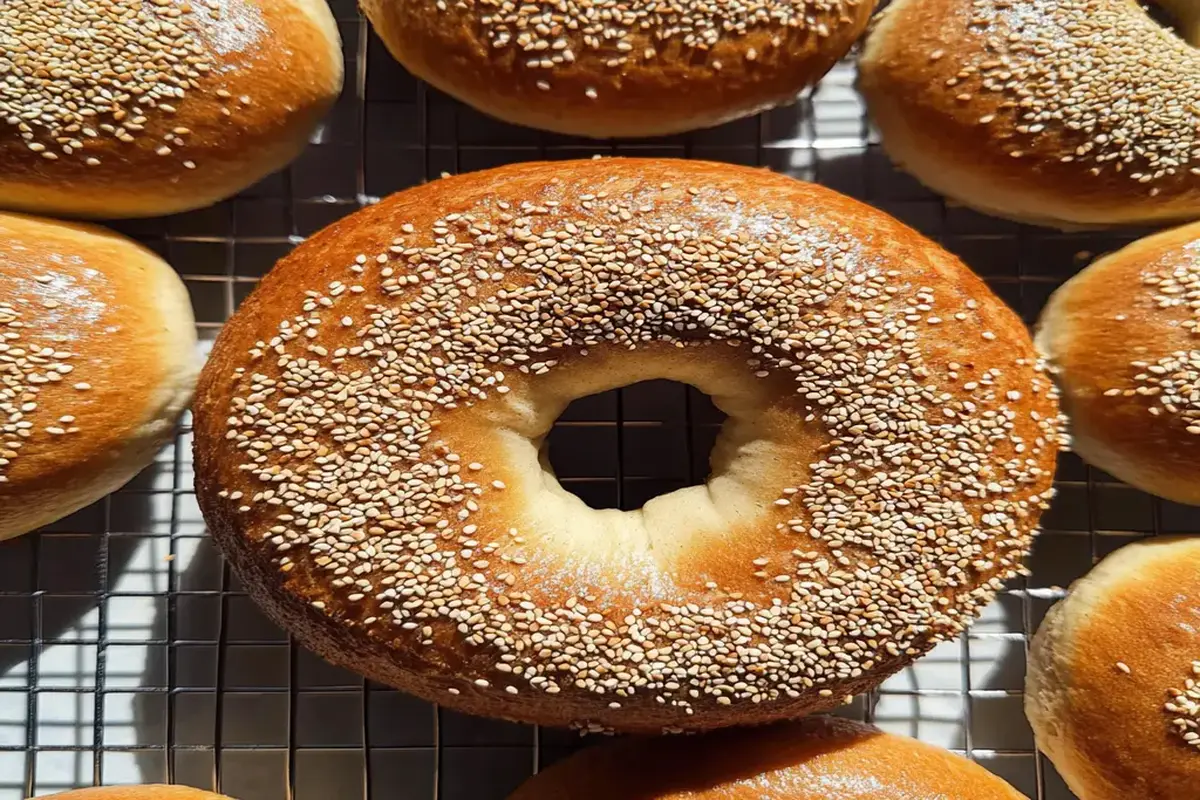 Close-up of a golden sesame bagel cooling on a wire rack, showcasing its perfectly baked crust and sesame seed topping, emphasizing the better bagel-making process.