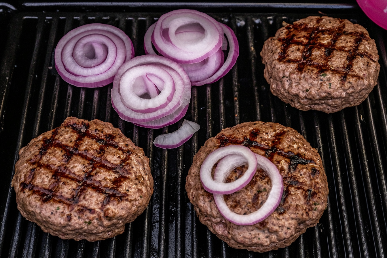 Juicy grilled burger patties with char marks and raw red onion rings on a grill, a classic choice for a cookout menu.