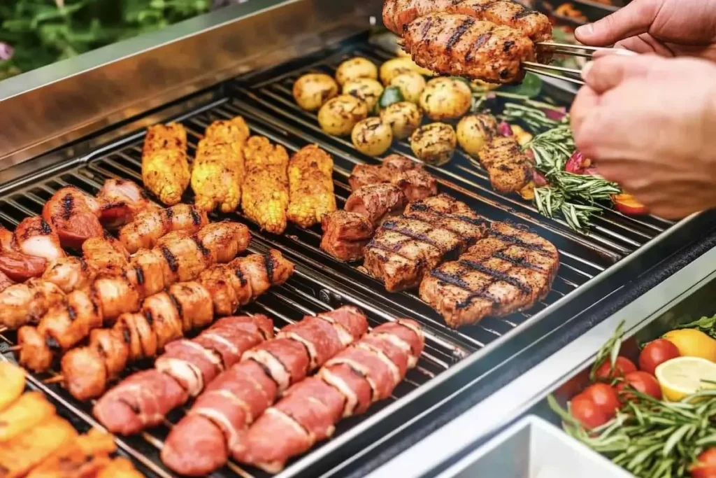 A barbecue loaded with skewers, seasoned meat, grilled corn, and roasted potatoes, showcasing a diverse and flavorful cookout menu.