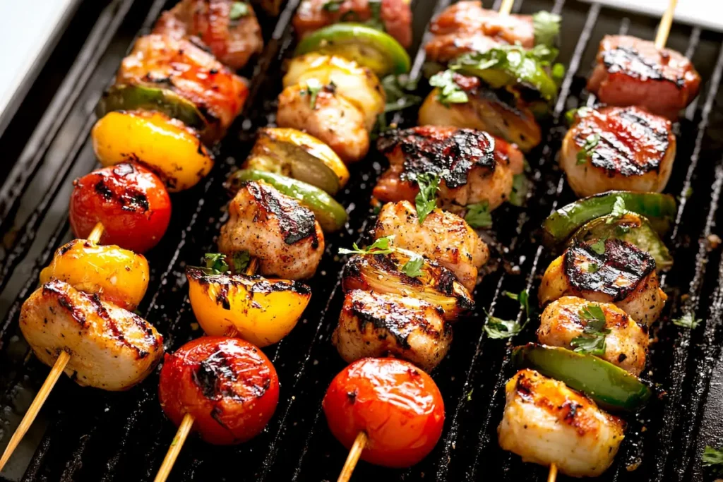 Grilled skewers of juicy, charred meat, cherry tomatoes, and vibrant bell peppers, perfect for enhancing your cookout menu.