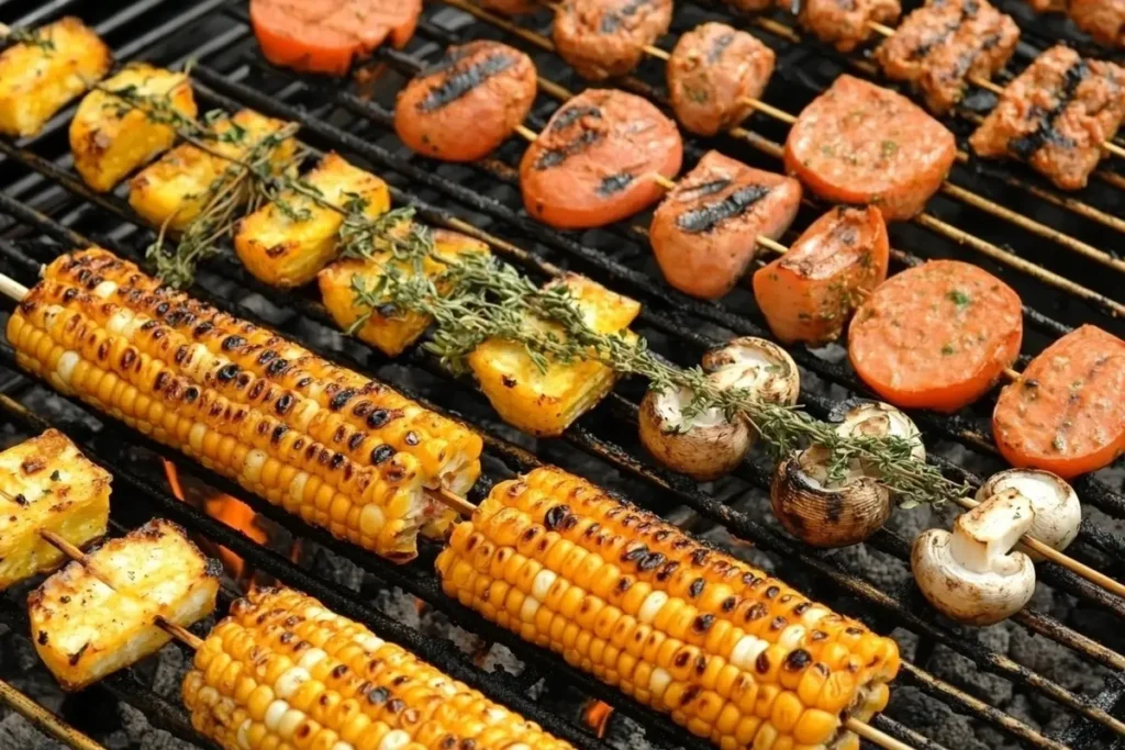 A grill loaded with corn on the cob, skewered vegetables, mushrooms, and grilled tomatoes, showcasing a vibrant and flavorful cookout menu.