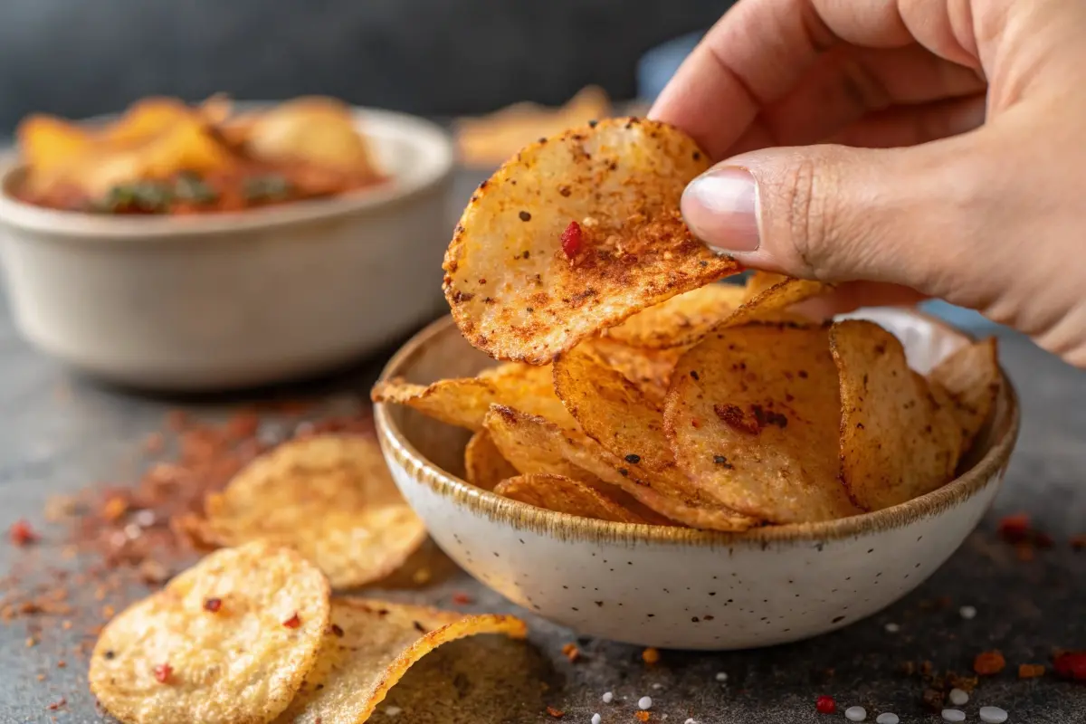 A hand holding a crispy, spiced potato chip, ready to be enjoyed as a delicious snack.