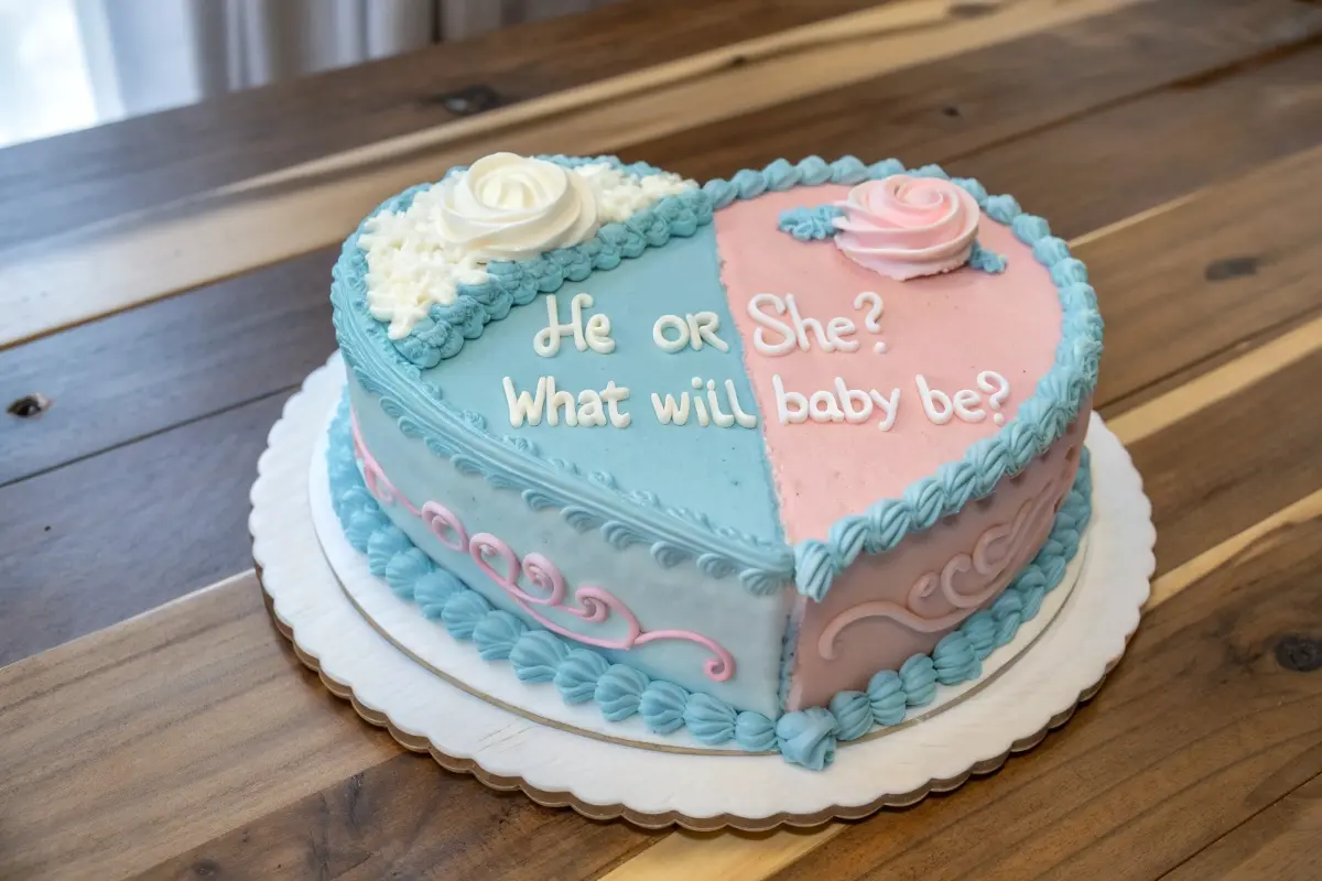 A heart-shaped gender reveal cake divided into blue and pink halves with the text 'He or She? What will baby be?' written on top.