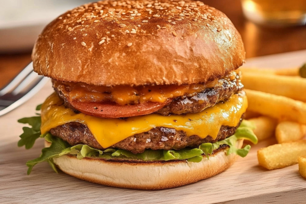 A classic double cheeseburger with lettuce, tomato, and melted cheddar cheese, served alongside crispy fries, showcasing its appeal in a cookout menu.