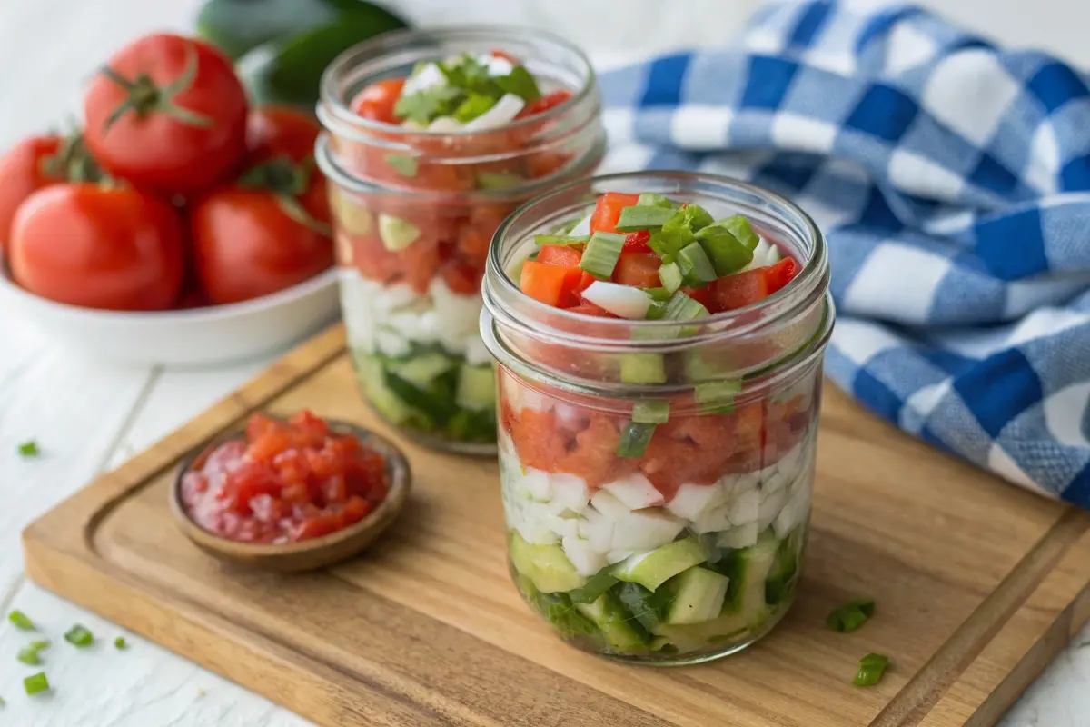 Two glass jars filled with colorful layers of pickle de gallo ingredients, including diced cucumbers, onions, tomatoes, and green peppers, displayed on a wooden board with a vibrant background of fresh produce.