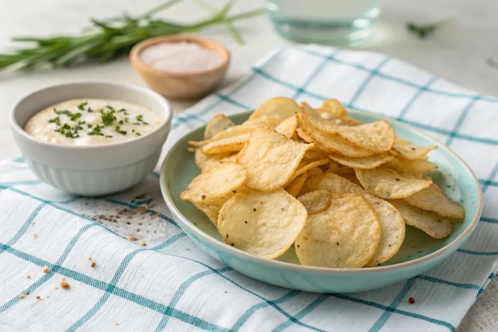 A plate of golden crispy potato chips served with a bowl of creamy dip on a light blue tablecloth, perfect for a snack or party.