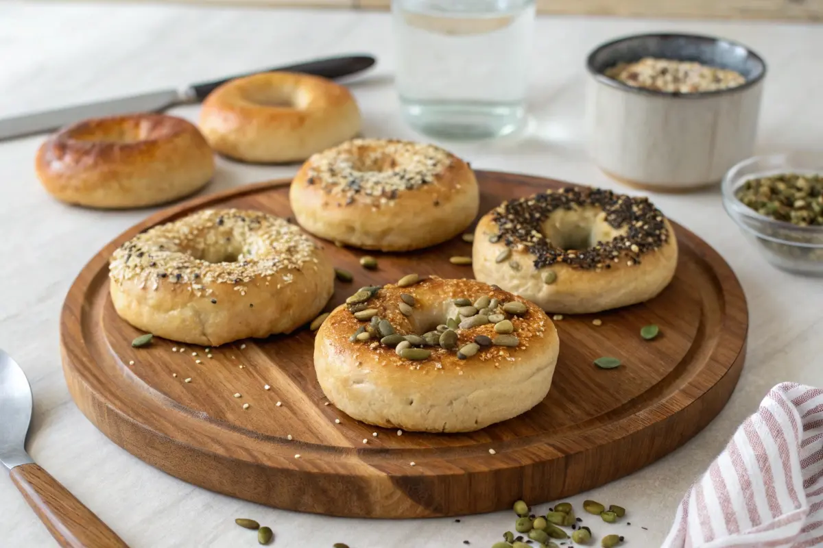 A wooden platter with better bagels topped with sesame seeds, pumpkin seeds, and poppy seeds, showcasing their low-carb topping options.