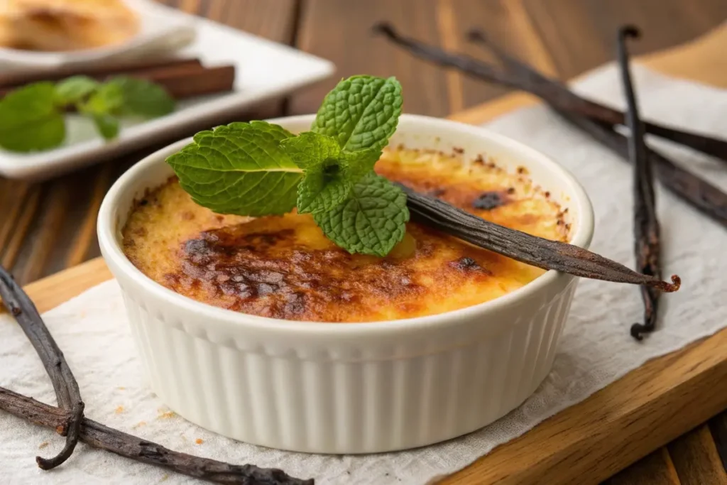 A ramekin of creme brulee topped with fresh mint leaves and garnished with a vanilla bean pod, highlighting the dessert’s rich flavors and creamy texture.