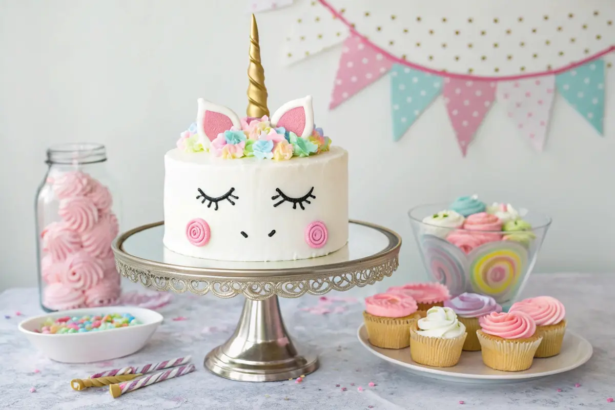 A stunning unicorn cake with a golden horn and pastel floral decorations on a silver cake stand, surrounded by colorful cupcakes and candies, perfect for a whimsical celebration. 