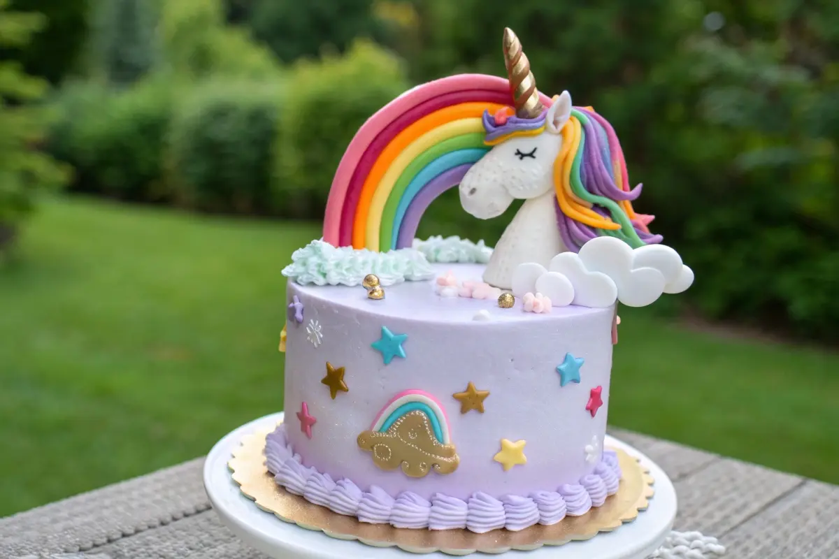 A beautifully crafted unicorn cake featuring a rainbow, golden horn, and colorful decorations, set outdoors, emphasizing its whimsical and magical design.