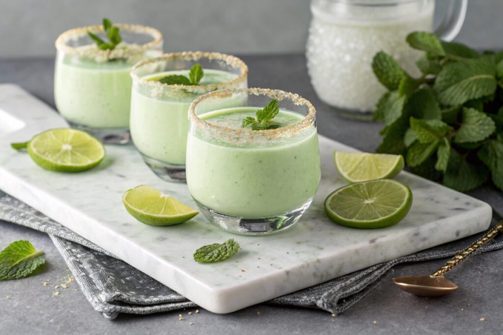 Three short glasses filled with a creamy, pastel green Crème de Menthe cocktail, garnished with mint and rimmed with sugar, placed on a marble tray with lime slices.