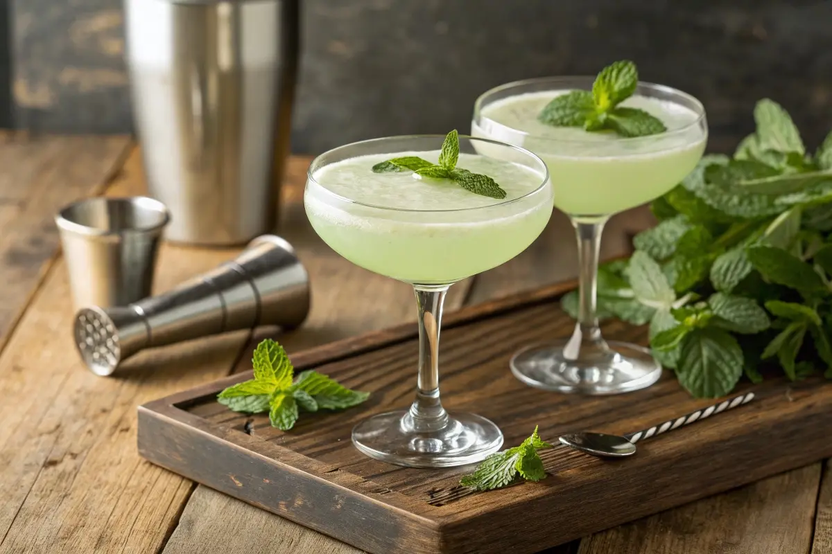 Two coupe glasses filled with light green Crème de Menthe cocktails, garnished with fresh mint leaves, surrounded by cocktail tools and mint sprigs.