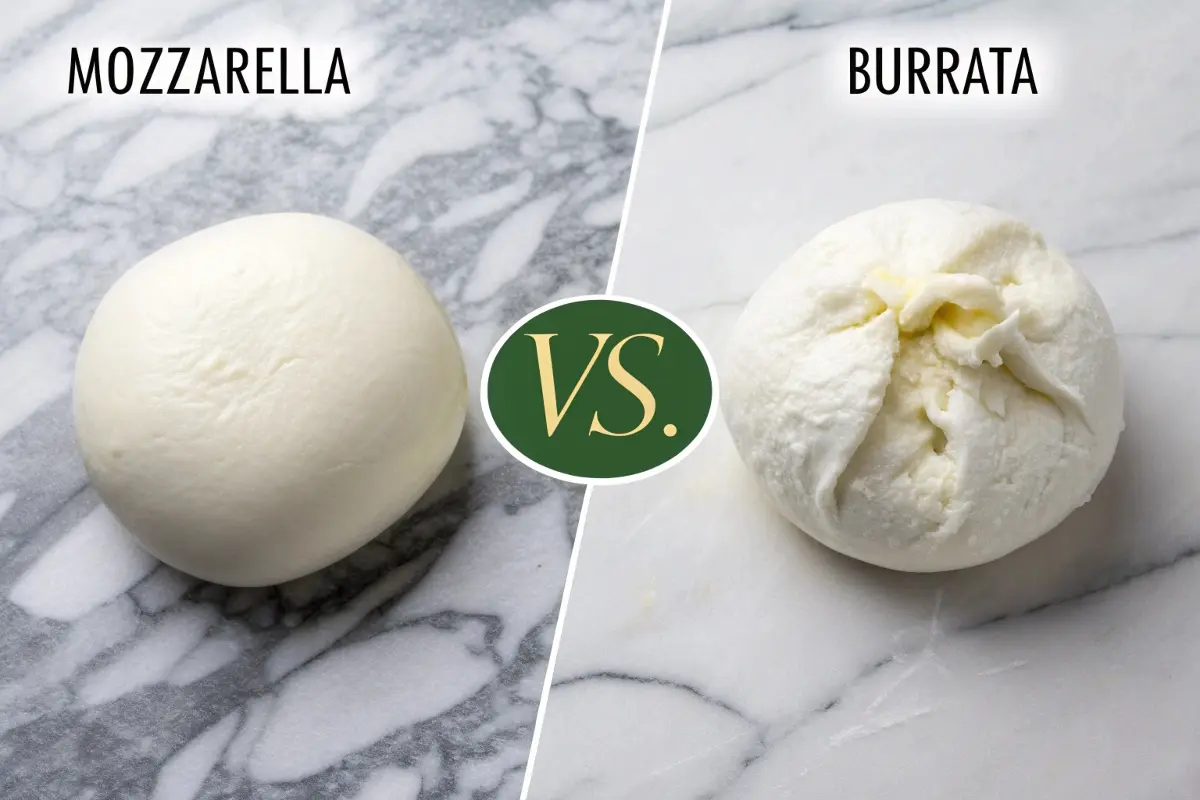 A side-by-side comparison of mozzarella and burrata cheese on a marble surface, highlighting their visual and textural differences.