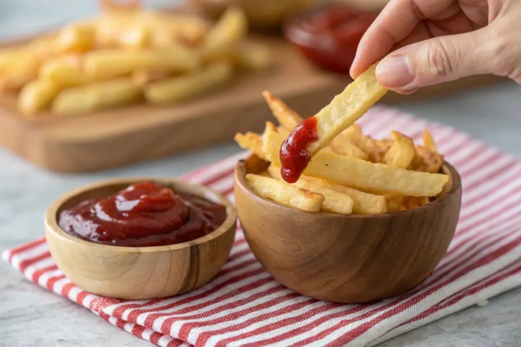 A close-up of crispy papas fritas being dipped into ketchup, highlighting a classic way to enjoy French fries.