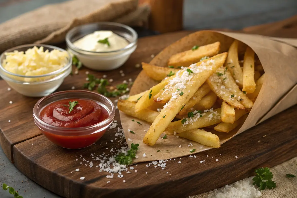 A serving of crispy papas fritas topped with grated Parmesan and parsley, accompanied by a bowl of ketchup and other dipping sauces.