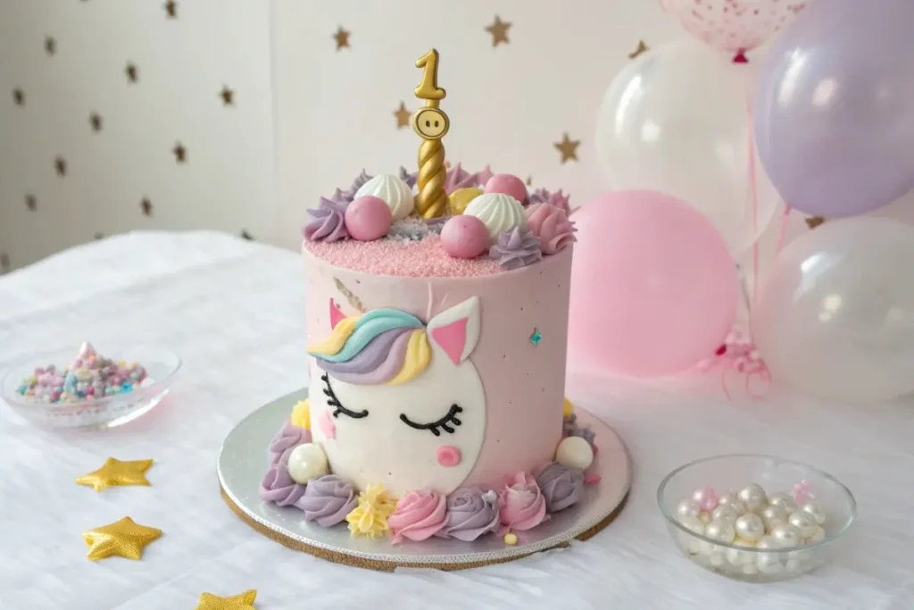 A whimsical unicorn-themed birthday cake with pastel-colored decorations, a golden unicorn horn, and a "1" candle topper, perfect for a magical first birthday celebration.