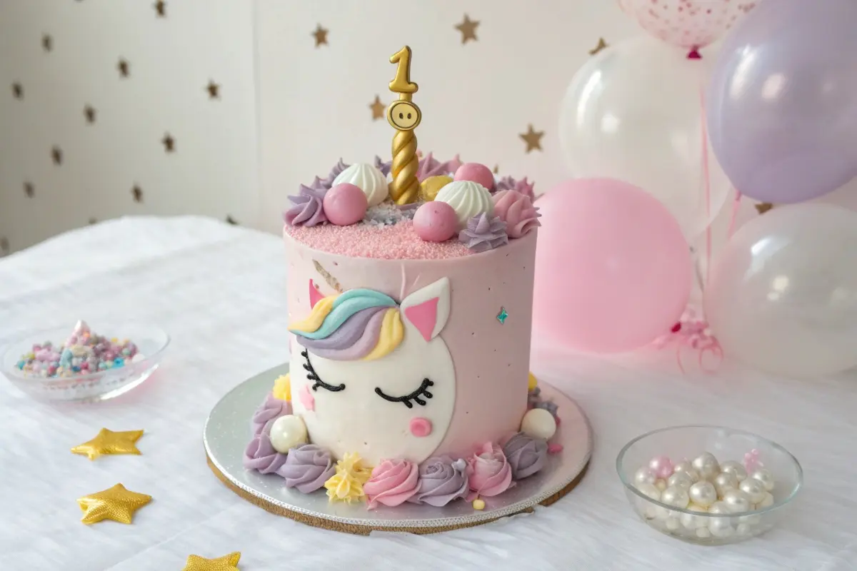 A whimsical unicorn-themed birthday cake with pastel-colored decorations, a golden unicorn horn, and a "1" candle topper, perfect for a magical first birthday celebration.