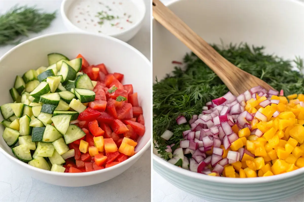 Two side-by-side bowls showing the preparation of pickle de gallo, with fresh diced vegetables like cucumbers, tomatoes, red onions, and yellow peppers, highlighting the health and freshness of the dish.