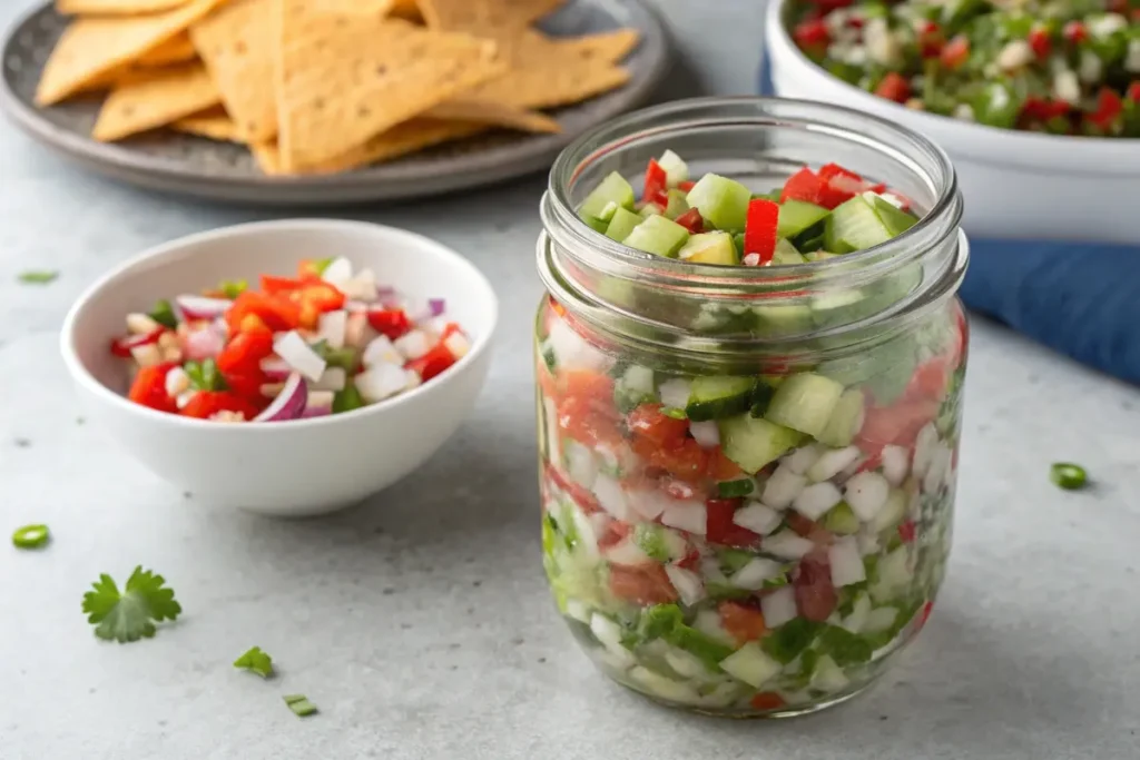 A glass jar filled with fresh pickle de gallo, showcasing a colorful mix of cucumbers, tomatoes, onions, and peppers, with a bowl of the salsa and tortilla chips in the background.