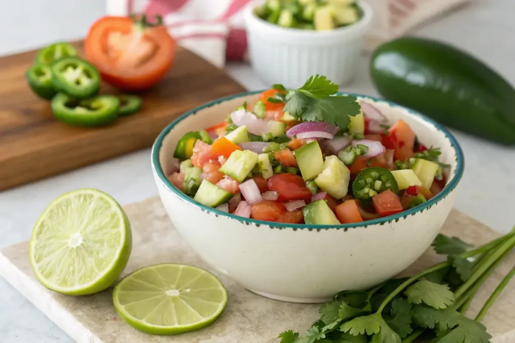 A bowl of vibrant pickle de gallo garnished with cilantro and lime slices, surrounded by fresh ingredients like jalapeños and tomatoes.