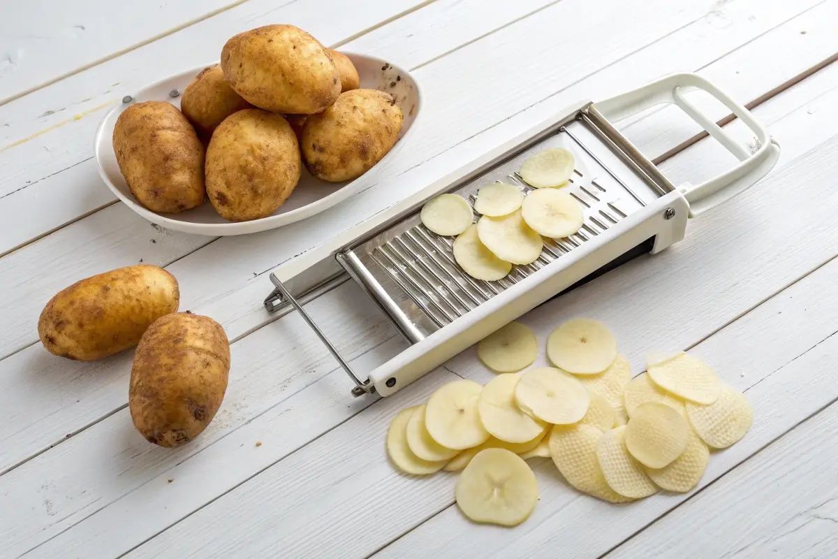 A setup showing whole russet potatoes and a mandoline slicer, with freshly sliced potato rounds on a white surface, preparing for spicy chips.